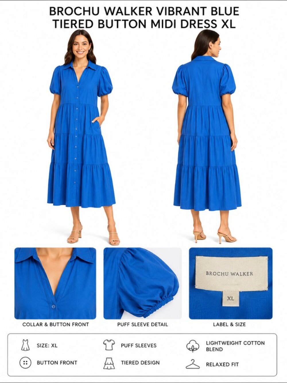 BROCHU WALKER VIBRANT BLUE TIERED BUTTON MIDI DRESS XL